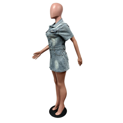 FZ Women's Short Sleeve Lapel Mid-Waist Solid Color Denim Dress - FZwear