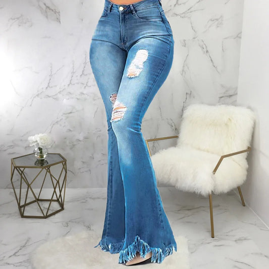 FZ Women's Tassel Ripped Skinny High Waist Full Length Vintage Denim Flare Pants