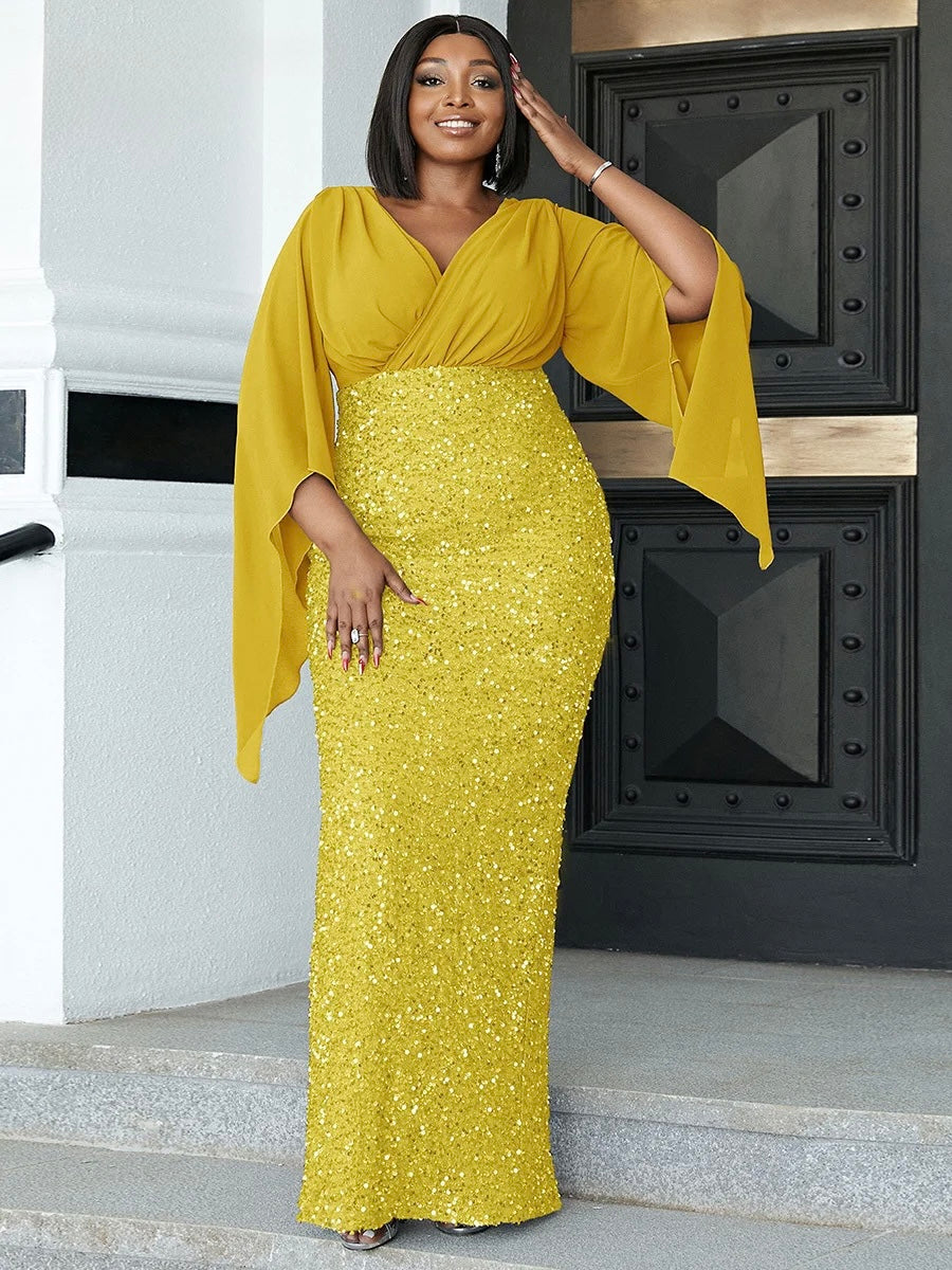 FZ Women's Plus Size V Neck Flare Sleeve Evening Dress