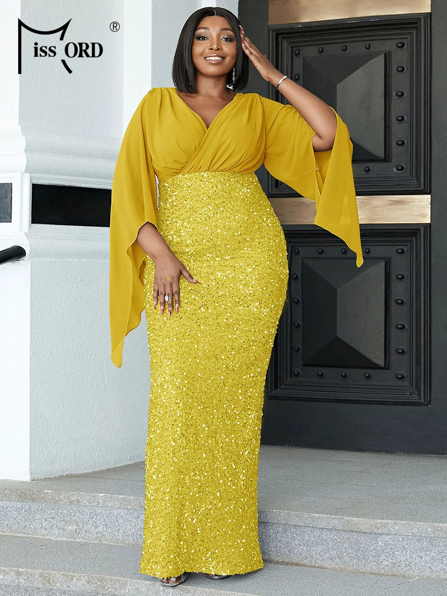 FZ Women's Plus Size V Neck Flare Sleeve Evening Dress