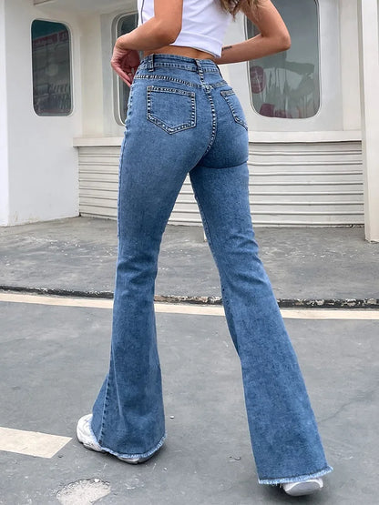 Benuynffy Button Fly Women's Raw Hem Flare Jeans Autumn Fashion Woman Denim Pants Jean Femme High Waist Full Length Slim Jeans FZwear