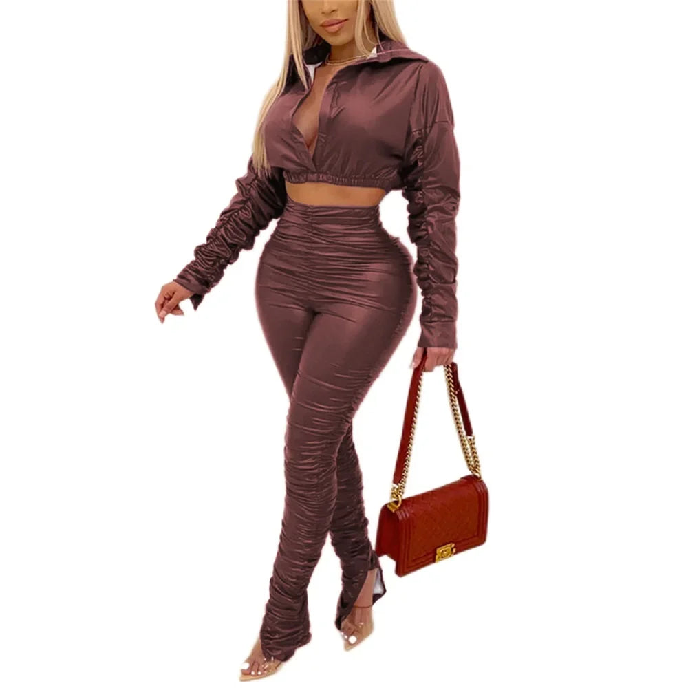 FZ Women's Faux Leather High Waist Two 2 Piece Pants Suit