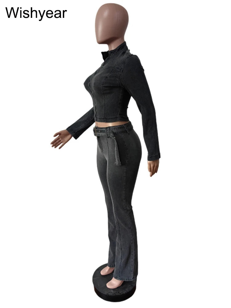 FZ Women's Vintage Gray Stretch Pencil  2-Piece Denim Pants Suit