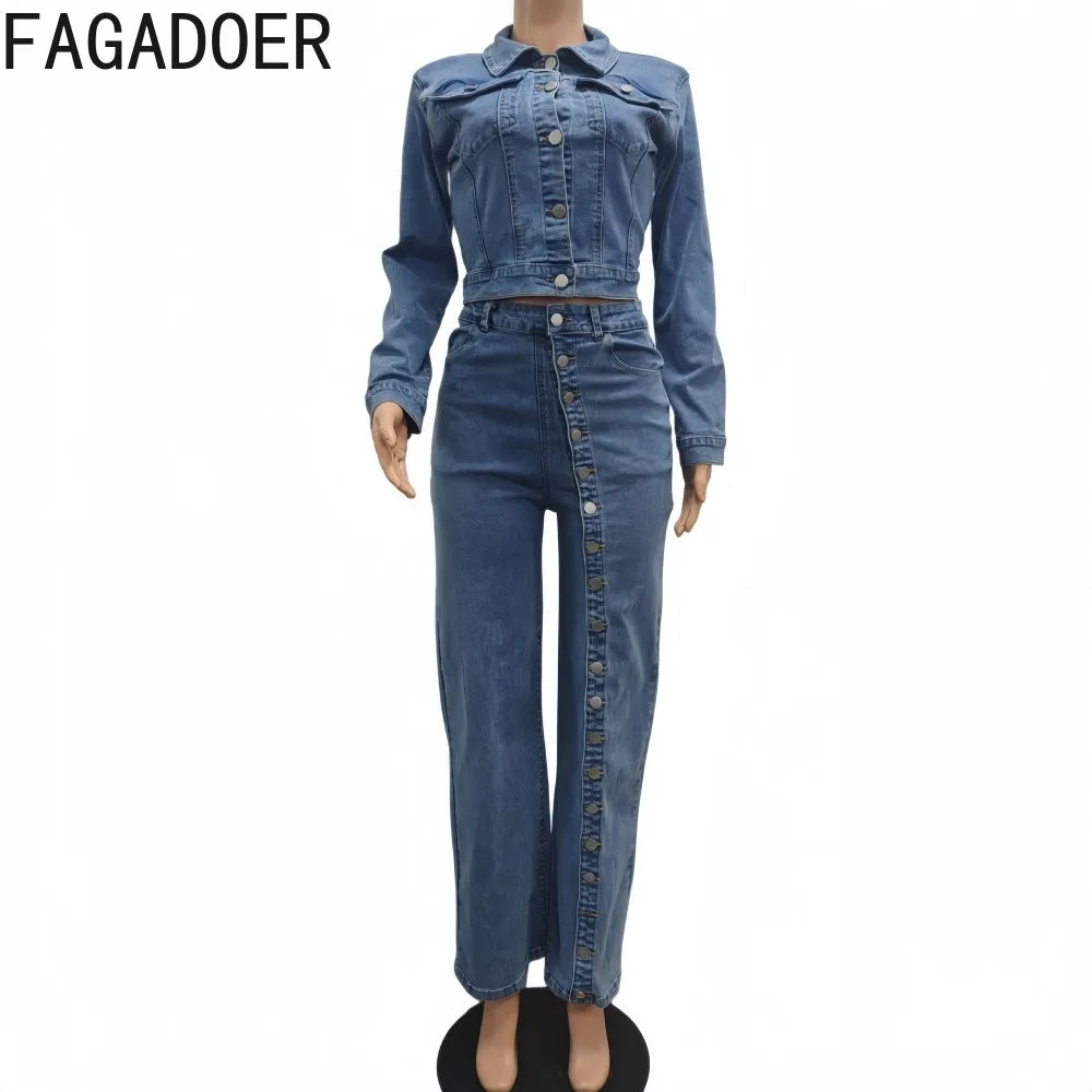 FZ Women's Solid Color Single Breasted Streetwear 2 Pieces Denim Pants Suit