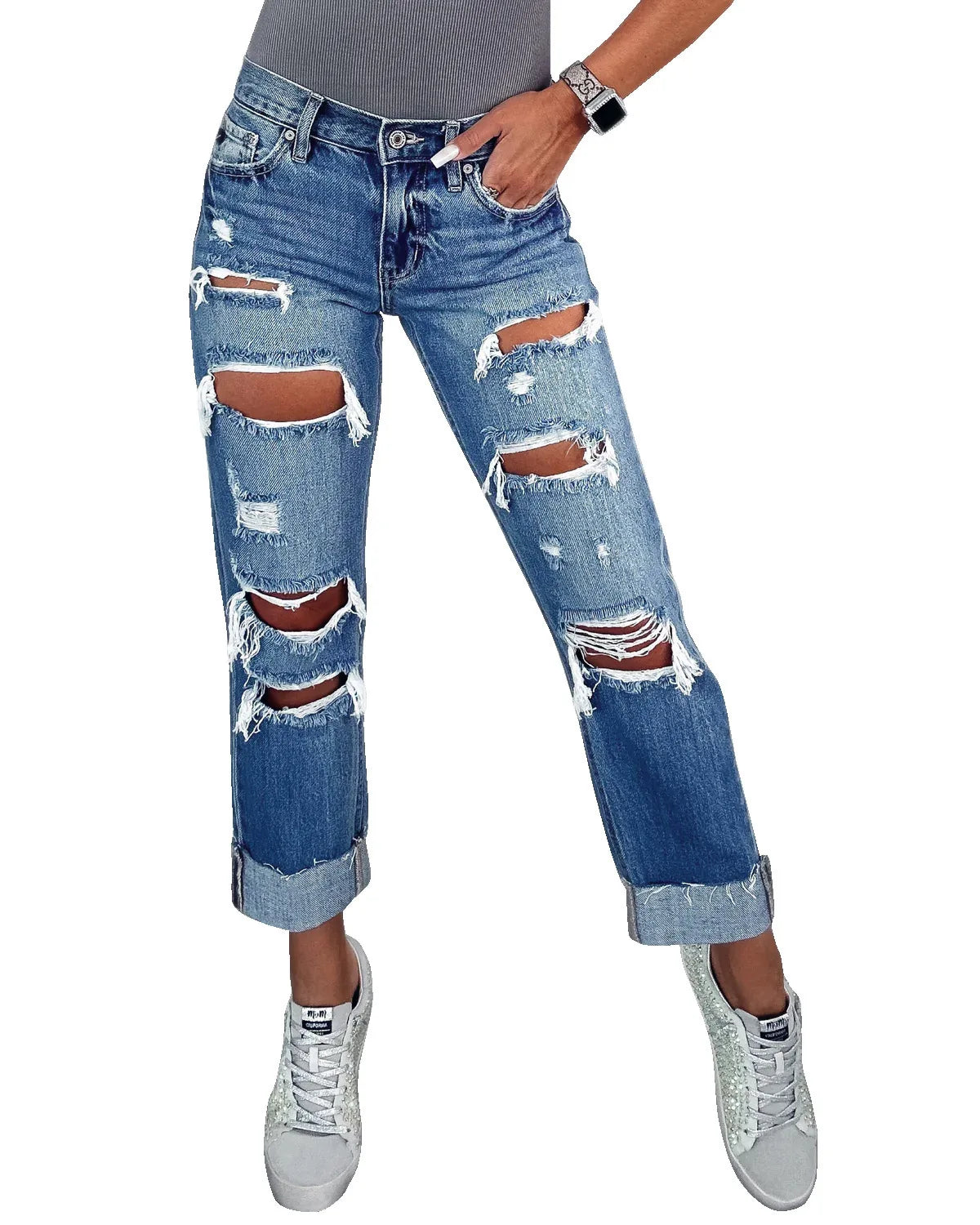 FZ Women's Ripped High Waist Fashion Hole Wash Denim Pants - FZwear