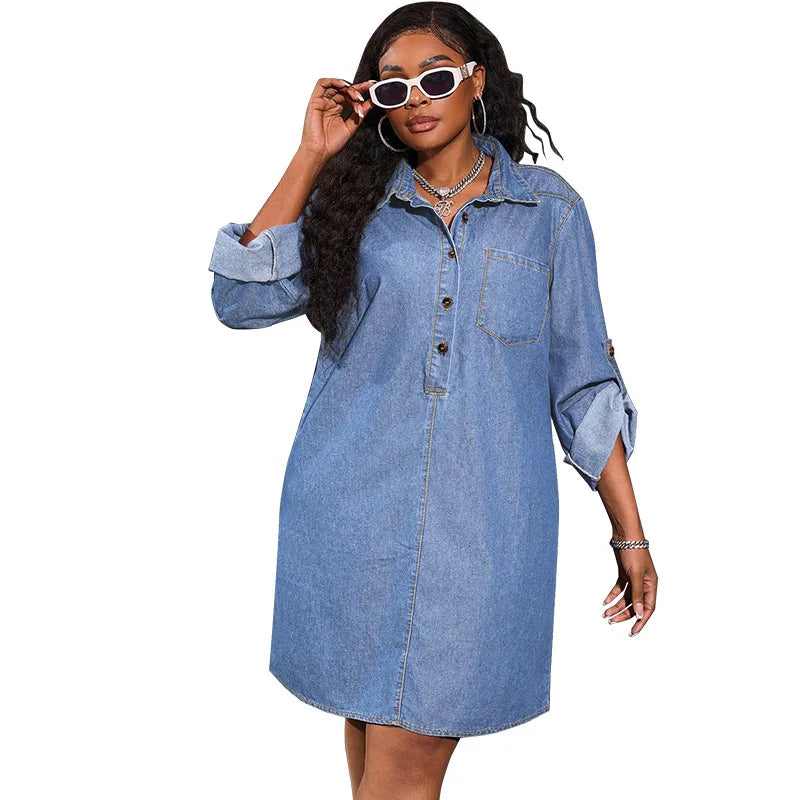 FZ Women's Solid Pocket Turn Down Collar Knee Length Single Breasted Denim Dress