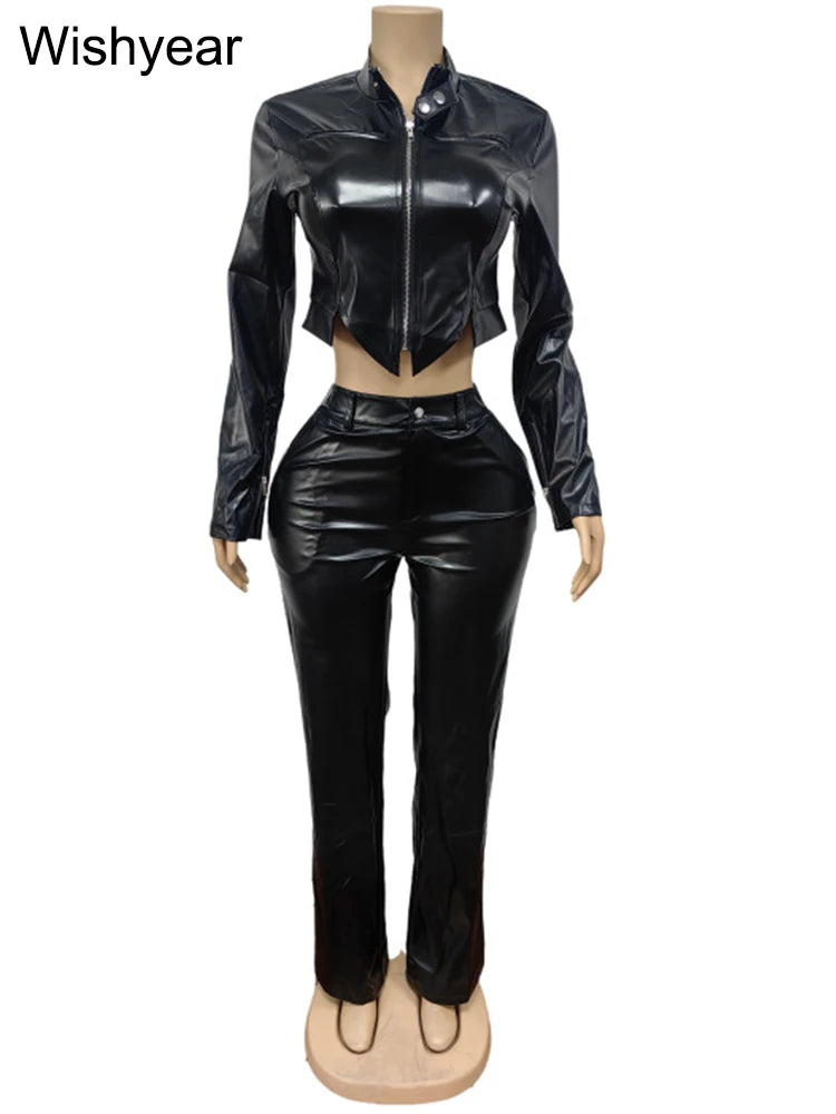 FZ Women's Stretch PU Leather 2 Pieces Long Sleeves Zipper Pants Suit