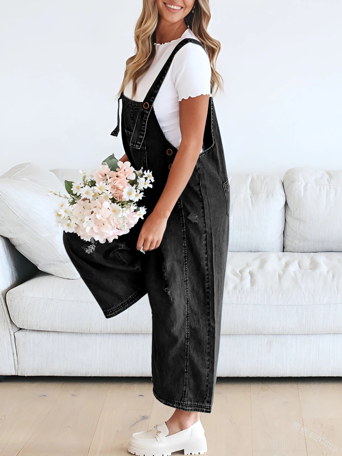 Women's Casual Denim Jumpsuit Overalls Romper Loose Adjustable Strap Distressed Bib Jeans Overall Playsuits With Pocket FZwear