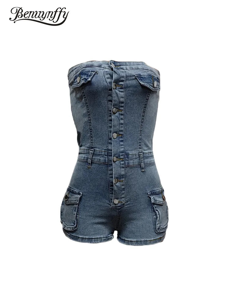 Benuynffy Summer Sexy Strapless Denim Jumpsuit Romper Women Club Party Streetwear Single Breasted Sleeveless Jumpsuit Shorts FZwear