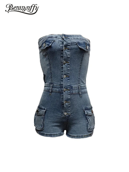 Benuynffy Summer Sexy Strapless Denim Jumpsuit Romper Women Club Party Streetwear Single Breasted Sleeveless Jumpsuit Shorts FZwear