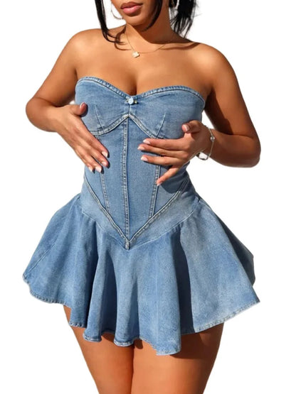 Benuynffy Sexy Tube Backless Denim Dress Women Summer Streetwear Party Sleeveless Ruffle Hem Slim Mini Dress Fashion Vestidos FZwear