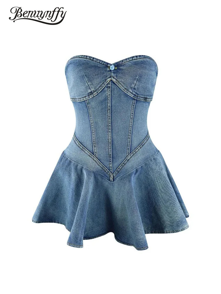 Benuynffy Sexy Tube Backless Denim Dress Women Summer Streetwear Party Sleeveless Ruffle Hem Slim Mini Dress Fashion Vestidos FZwear