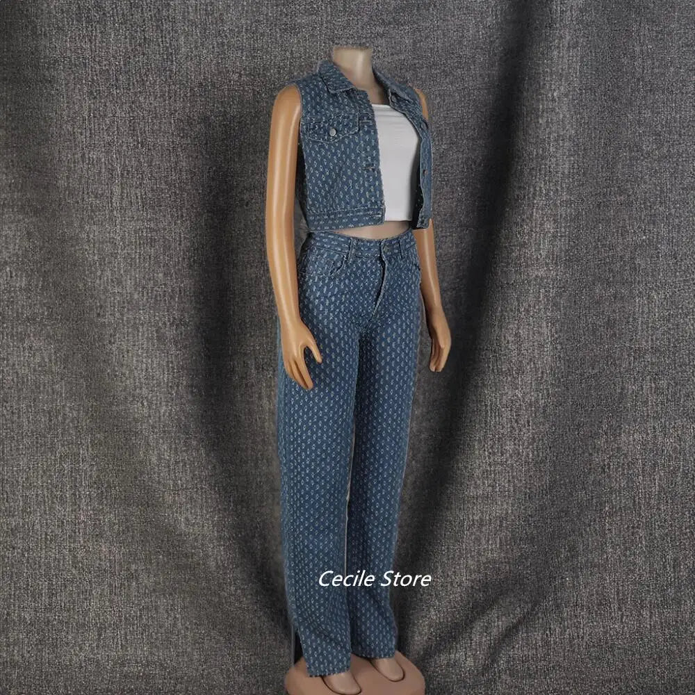 FZ Women's African Ripped Three-piece Wide Leg Slit Denim Pants Suit