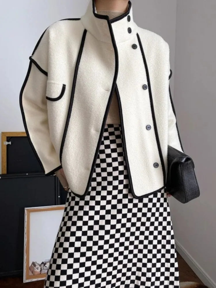 FZ Women's Simple Contrast Color High Neck Loose Fit Jacket