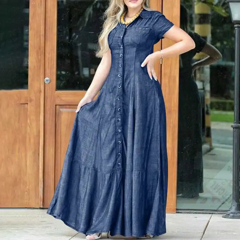 FZ Women's Long Swing Elegant Temperament Single Breasted Denim Sun Dress - FZwear