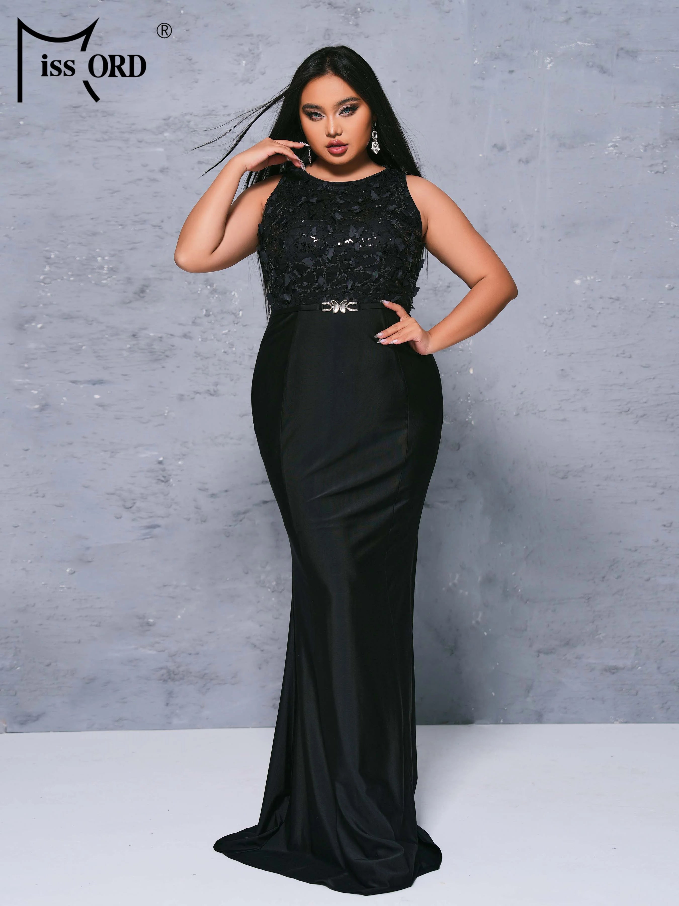 FZ Women's Plus Size Round Neck Sleeveless Panel Black Mermaid Evening Dress\