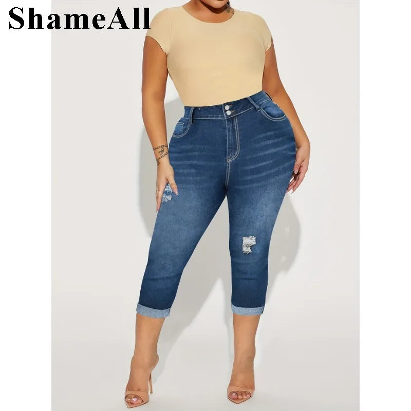 Women's Plus Size Casual Jeans,  Washed Button Fly Ripped Roll Up Hem High Rise  Skinny Capri Jeans FZwear