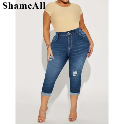 Women's Plus Size Casual Jeans,  Washed Button Fly Ripped Roll Up Hem High Rise  Skinny Capri Jeans FZwear