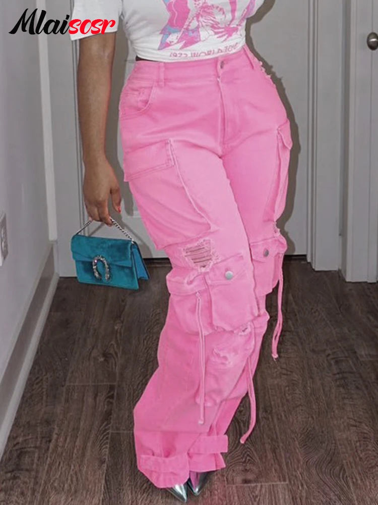 FZ Women's Multi Pockets Wide Legs Washed Street Vintage Denim Pants