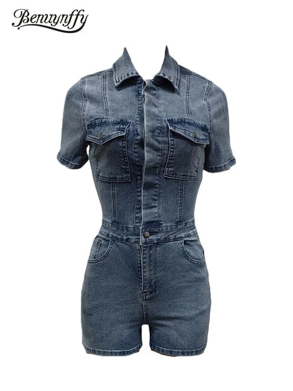 Benuynffy Half Button Short Sleeve Denim Jumpsuits Women Summer Pockets Casual Streetwear One Piece Slim Stretch Rompers Female FZwear