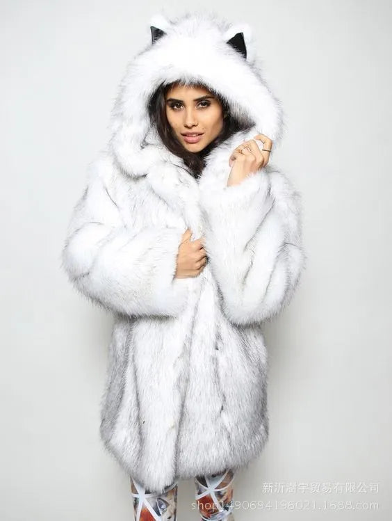 FZ Women's Hooded Ears Mid Length Faux Fur Coat Jacket