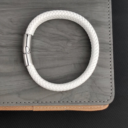FZ Simple White Leather Braid Stainless Steel Buckle Clasps Bracelet