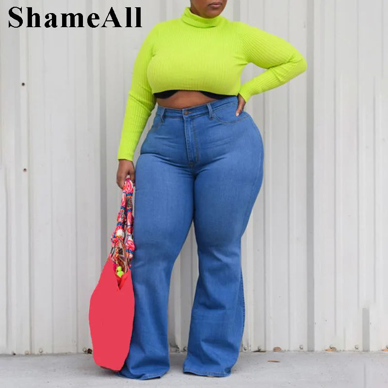 Plus Size Wide Lge Super Stretchy Flare Jeans Mom 4XL Fall Spring Sexy High Waisted Matching Slim Fit Skinny Denim Bell Bottoms FZwear