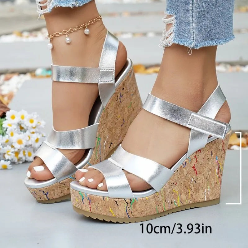 FZ Women's Silver Chunky Thick Sole Wedge Pu Leather Platform Sandals Shoes