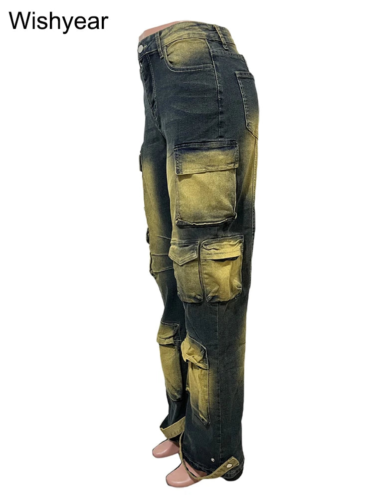 FZ Women's Retro Fashion Tie-dye Wide Leg Washed Mid Waist Denim Pants