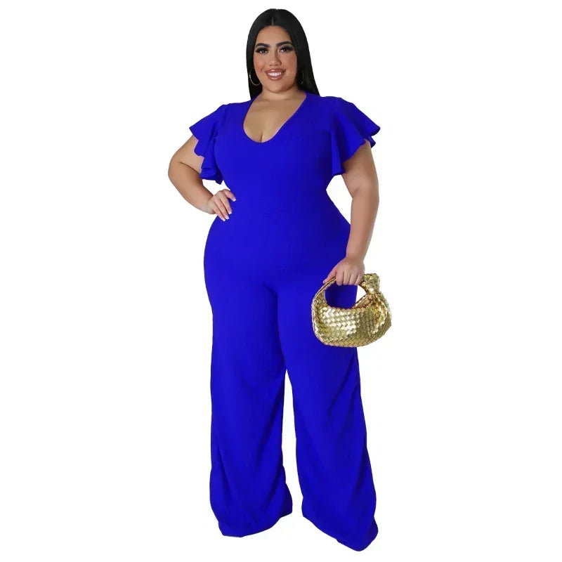 FZ Women's Plus Size V-neck Ruffles Sleeve High Waist Wide Leg Straight Jumpsuit