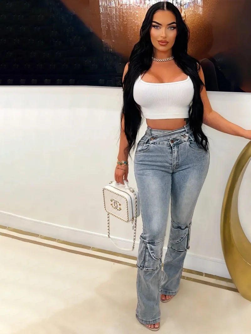 FZ Women's Cargo High Stretch Cross Straps Slim Streetwear Denim Pants - FZwear