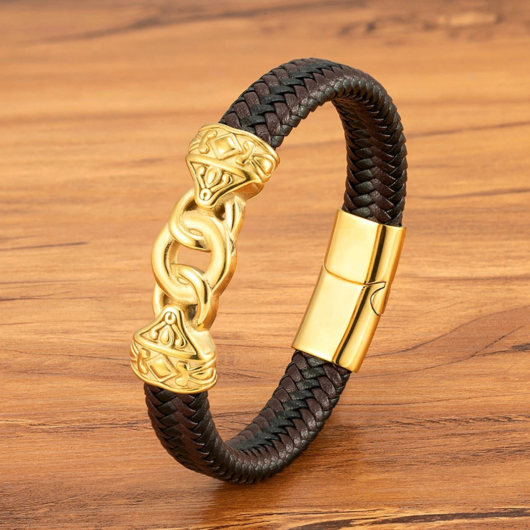 FZ Men's Stainless Steel Interlocking Leather Braided Bracelets
