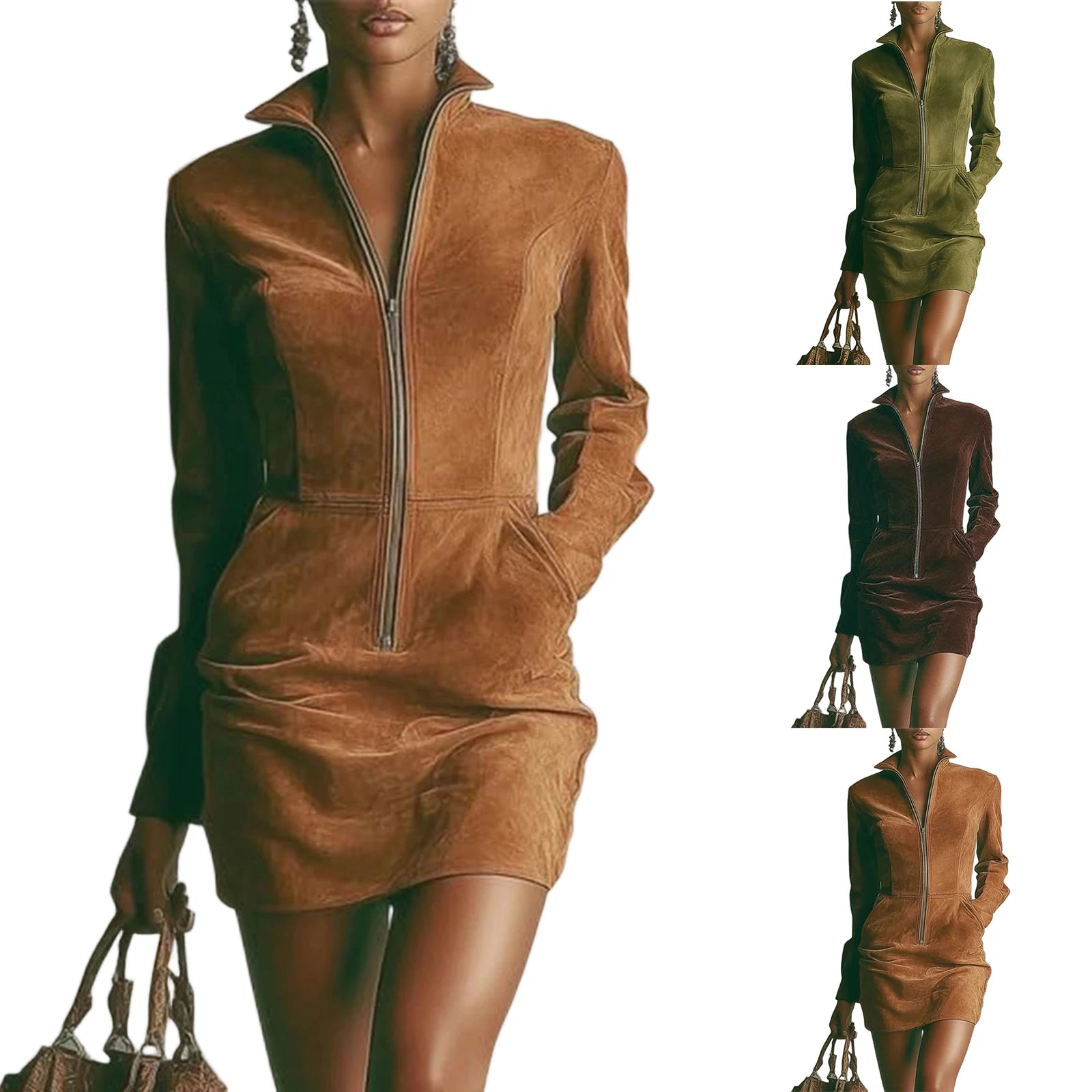 FZ Women's Knee Length Solid Color Long Sleeve Pocket Suede Dress