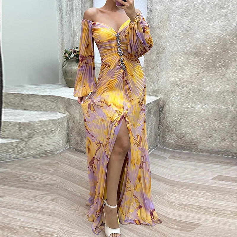 FZ Women's V Neck Full Sleeve Patchwork Folds Slim Maxi Dress