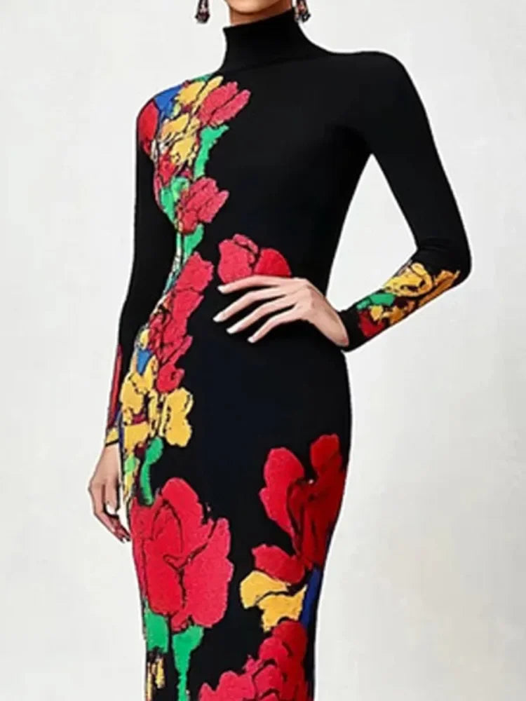FZ Women's Elegant Floral Printed Turtleneck Long Sleeves Mermaid Maxi Dress