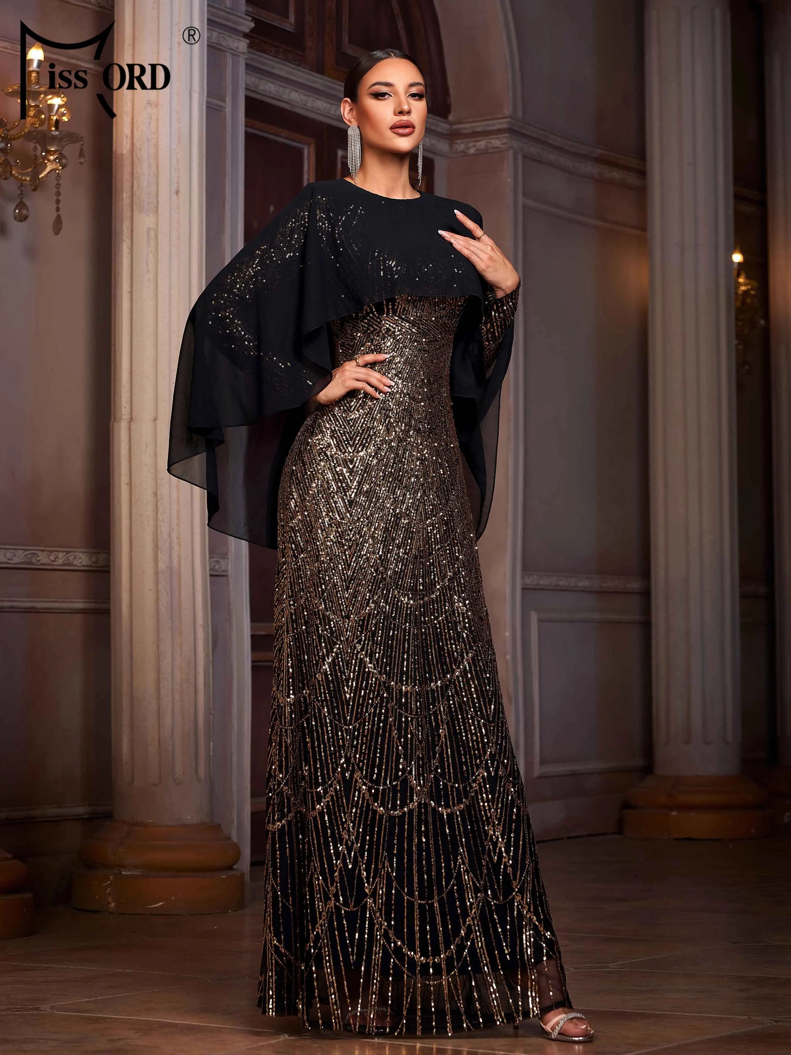 FZ Women's Round Neck A Line Sequin Batwing Sleeves Maxi Evening Dress