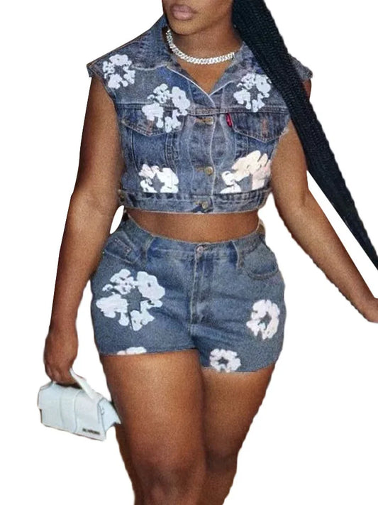 Benuynffy Summer New Printed Denim Set For Women 2024 Single Breasted Sleeveless Crop Vest+Denim Shorts Female Two Pieces Sets FZwear