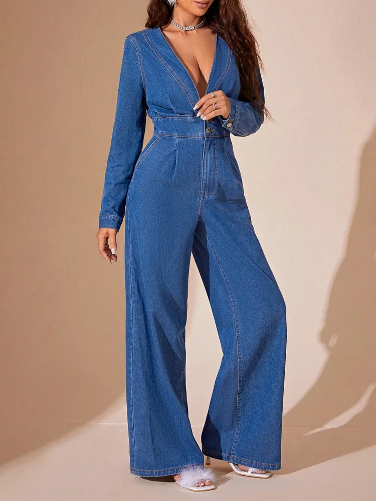 Benuynffy Sexy Deep V-Neck Denim Jumpsuit Women's Autumn High Waist Long Sleeve Office Ladies Party Wide Leg jumpsuits 2024 New FZwear