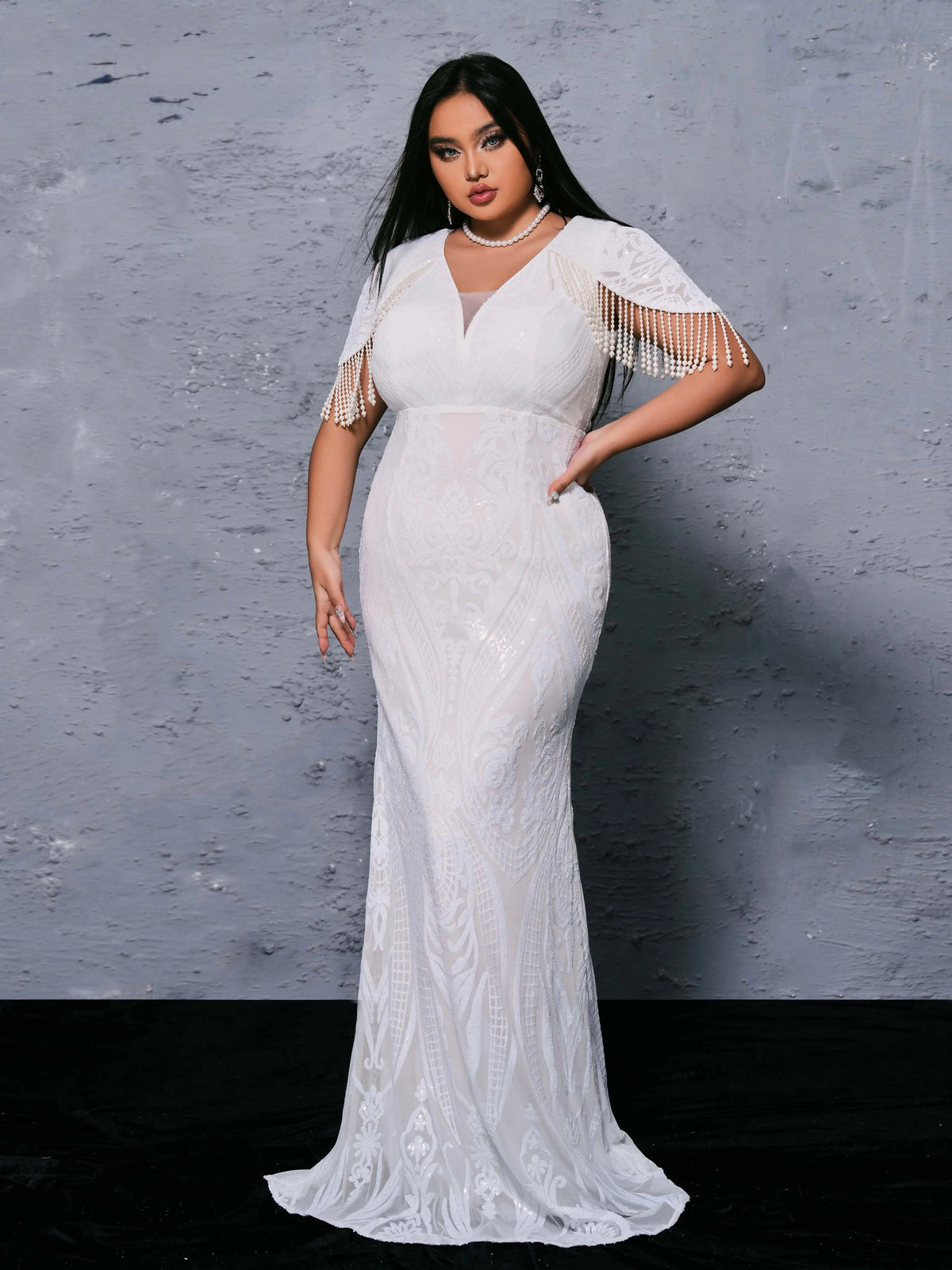 FZ Women's Plus Size V Neck Tassel Mermaid Evening Dress