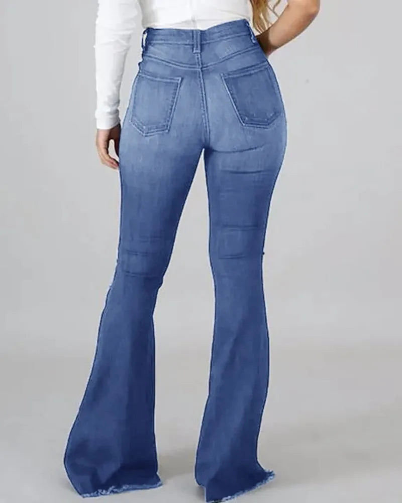 Denim Womens Pants High-stretch Ripped Jeans High-waisted Flared Trousers for Women FZwear