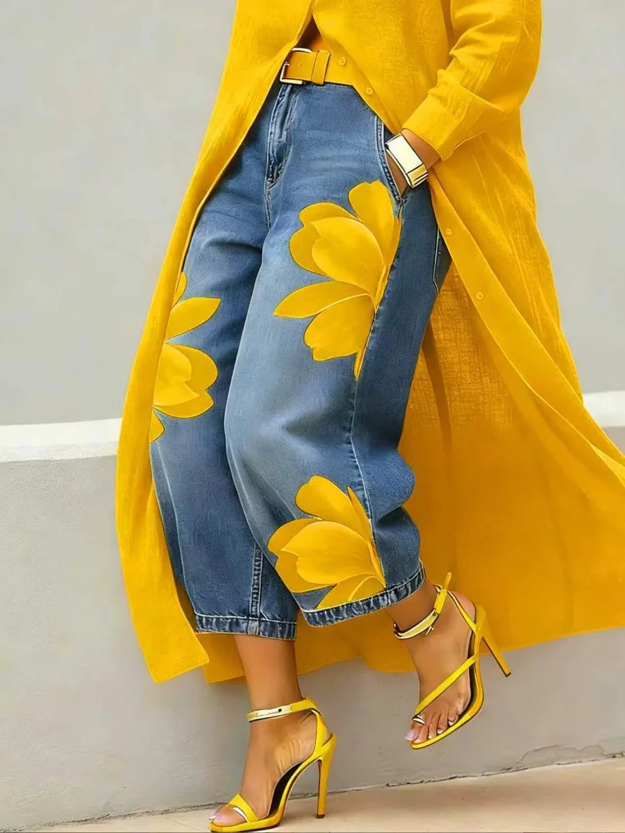 FZ Women's Floral Print High Waist Loose Fit Wide Leg Denim Pants