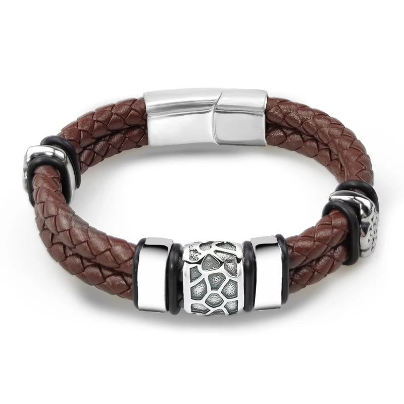 FZ Men's Stainless Steel Irregularly Cracked Genuine Braided Leather Bracelet