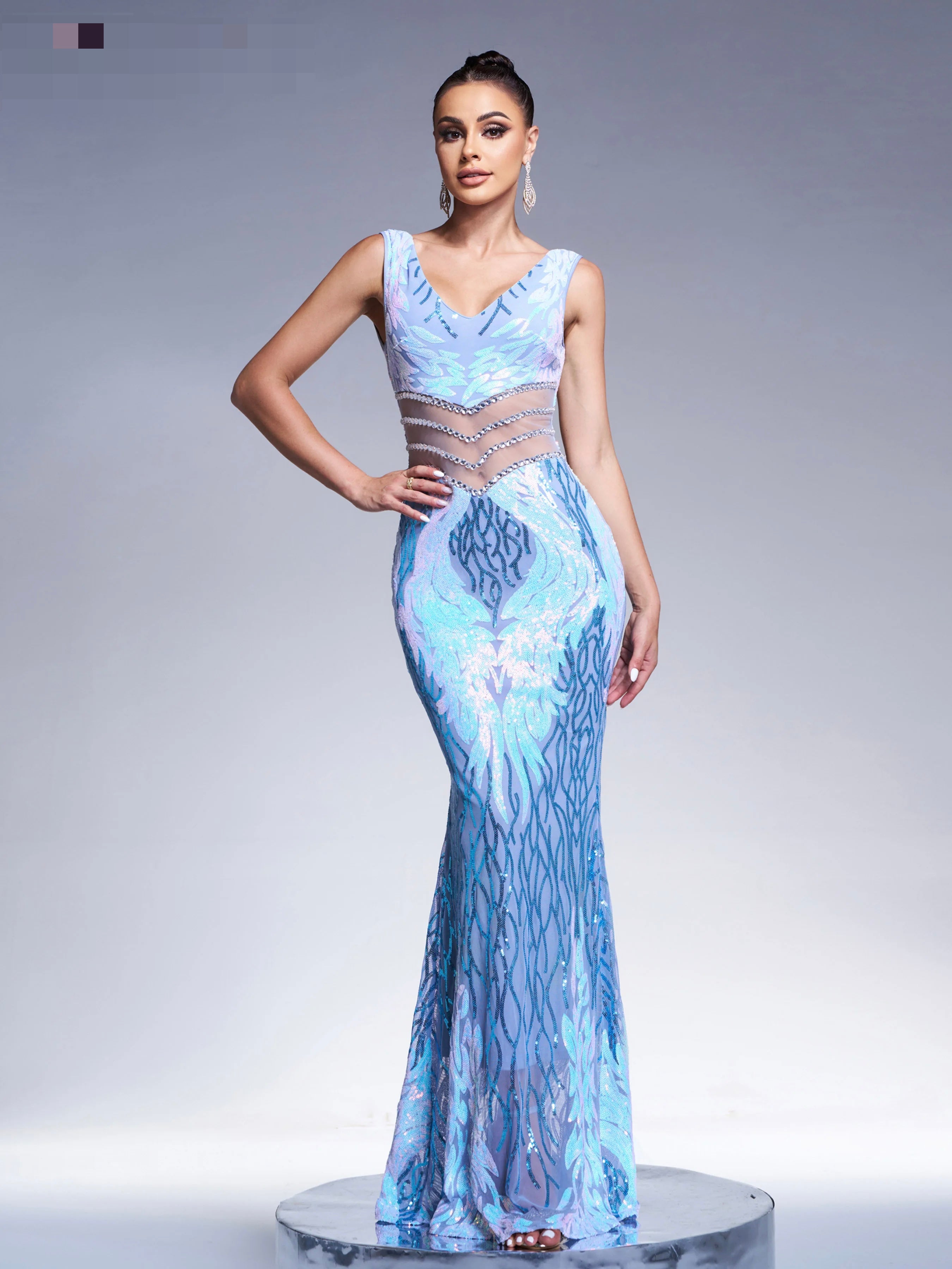 FZ Women's V Neck Cutout Sequin Mermaid Cocktail Maxi Evening Dress