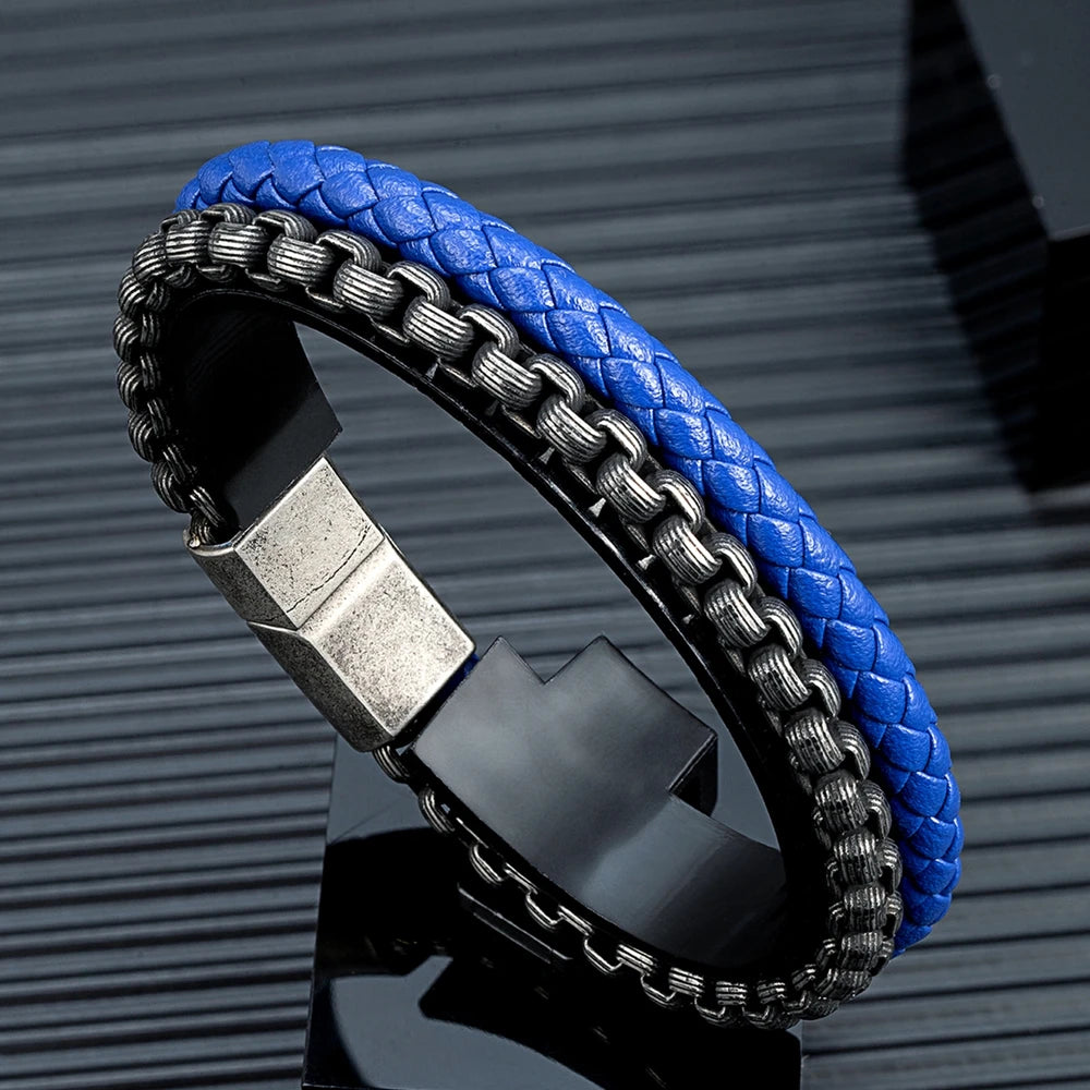 FZ Punk Rock Chain Stainless Steel Magnet Button Leather Bracelet
