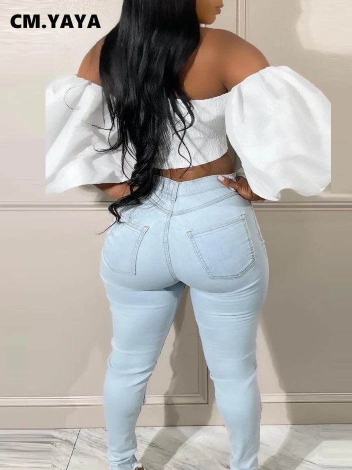 FZ Women's Streetwear Pencil Hollow Out Stretch Ripped Denim Pants