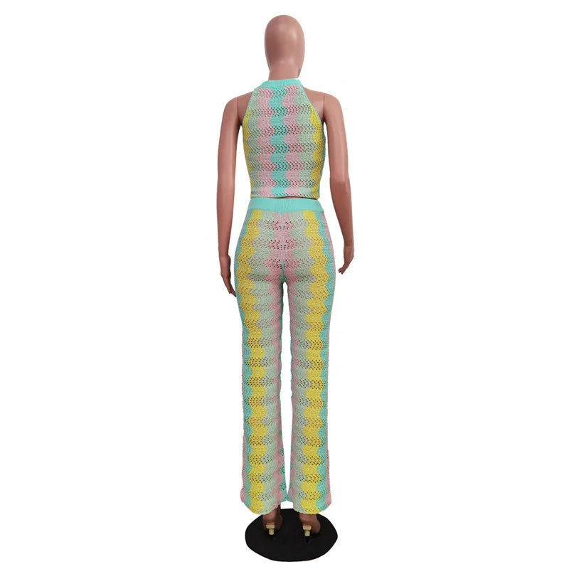 FZ Women's Knitted Striped Sleeveless Flare 2 Piece Pants Suit