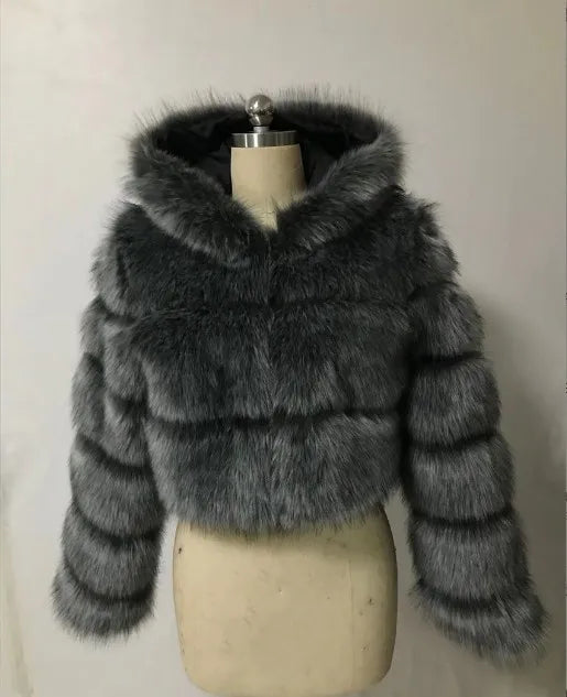 FZ Women's Faux Fur Thick Warm Hooded Open Stitch Short Coat Jacket