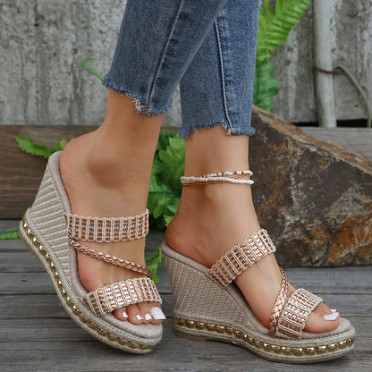FZ Women's Gold Weaving Wedge Rivet Decoration Chunky Platform Sandals - FZwear