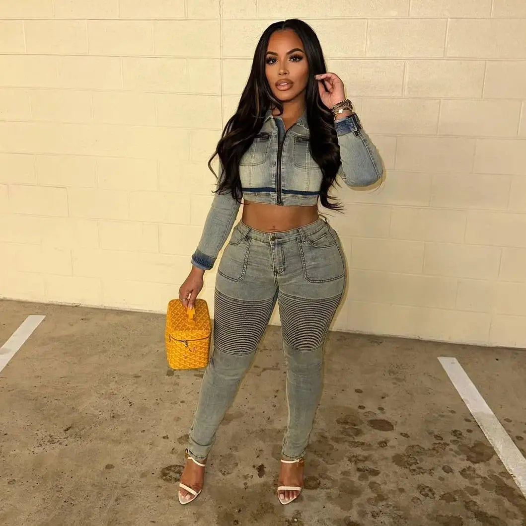 FZ Women's  Y2K Streetwear Pencil Two Piece Denim Pants Suit