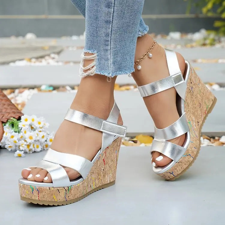 FZ Women's Silver Chunky Thick Sole Wedge Pu Leather Platform Sandals Shoes